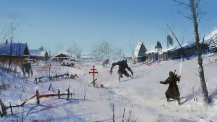A warrior stands defiantly in a snow-covered village, sword drawn, facing a menacing werewolf amid a winter landscape, with dark themes of battle and blood.