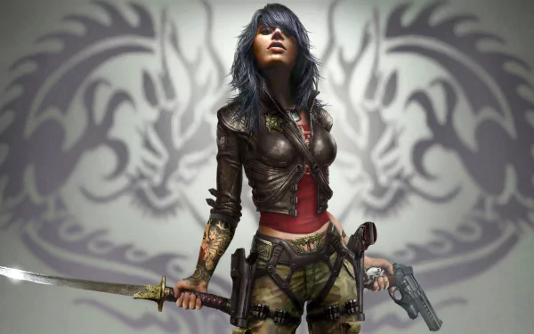 HD PC desktop wallpaper from the video game Wet, featuring a fierce woman with tattoos, wielding a katana and pistol against a stylized dragon emblem background.