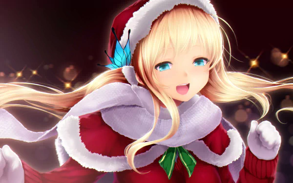 A festive anime illustration featuring Sena Kashiwazaki, a blonde girl with blue eyes, wearing a Christmas outfit and scarf, radiating holiday cheer in a vibrant HD background.