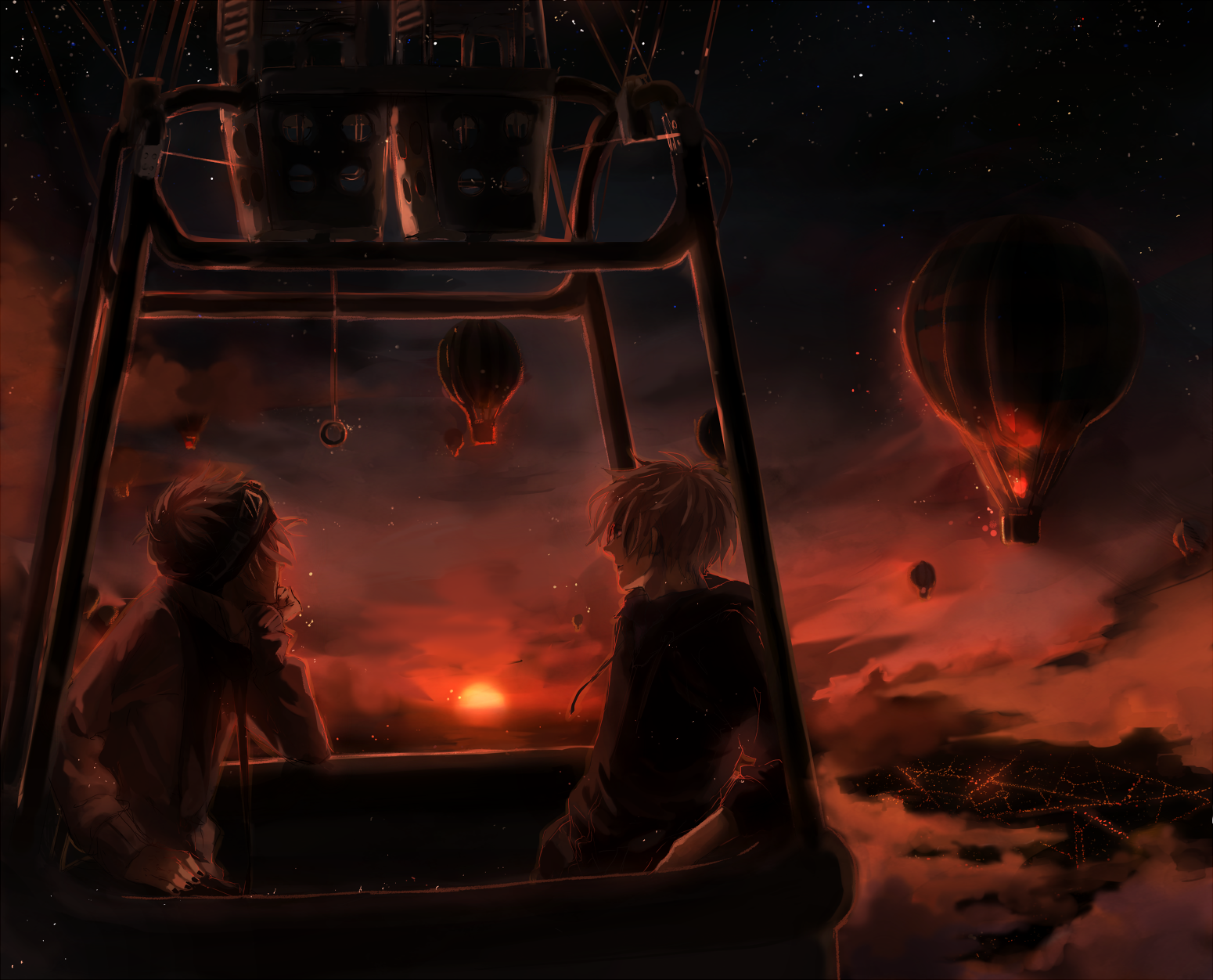 HD original anime desktop wallpaper featuring two characters in a hot air balloon basket, surrounded by glowing hot air balloons against a dark, fiery sky.