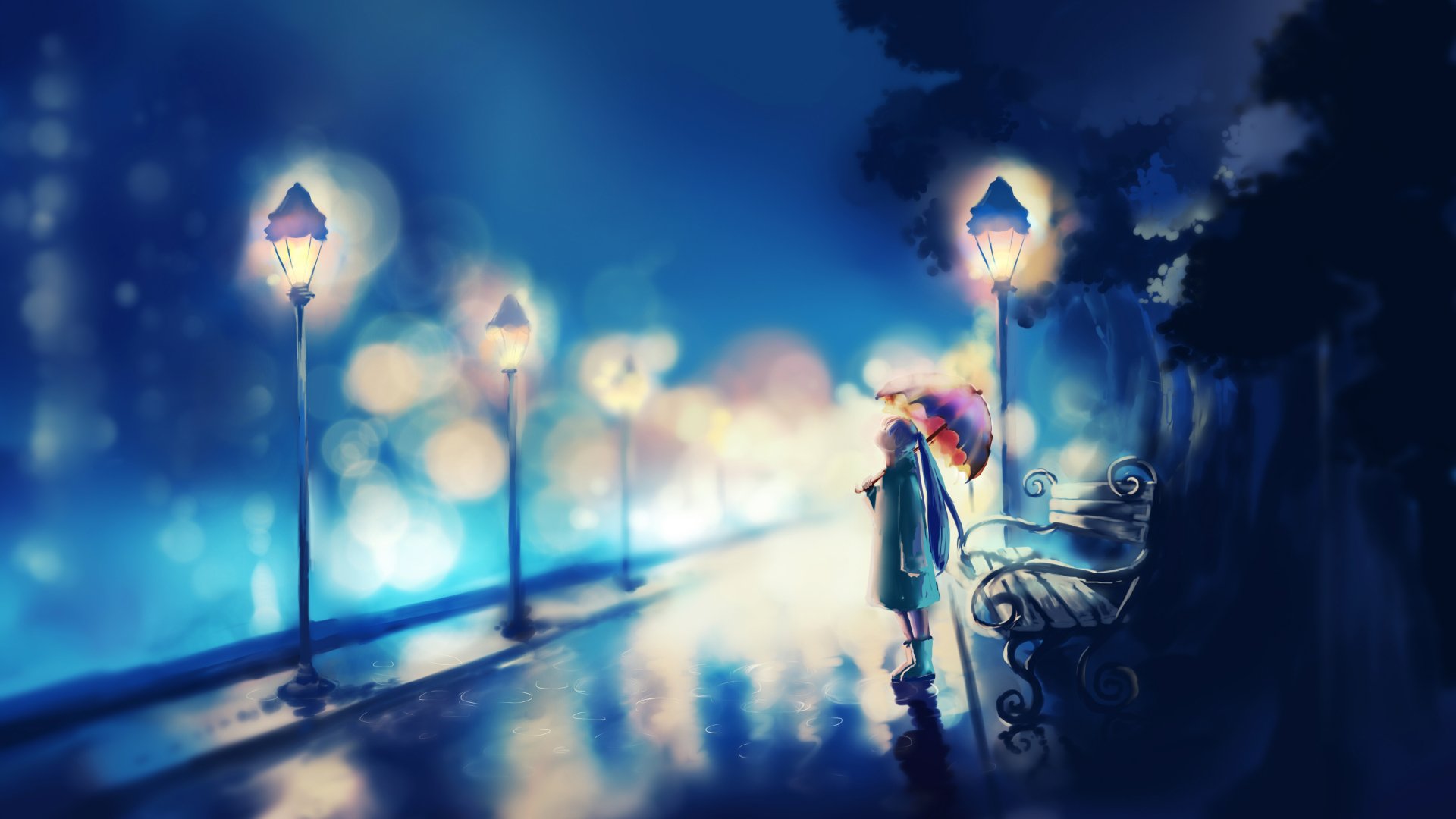 Artistic 4K Ultra HD wallpaper depicting a woman standing by a bench on a rainy, lamp-lit street at night, with vibrant blue and warm glowing hues.