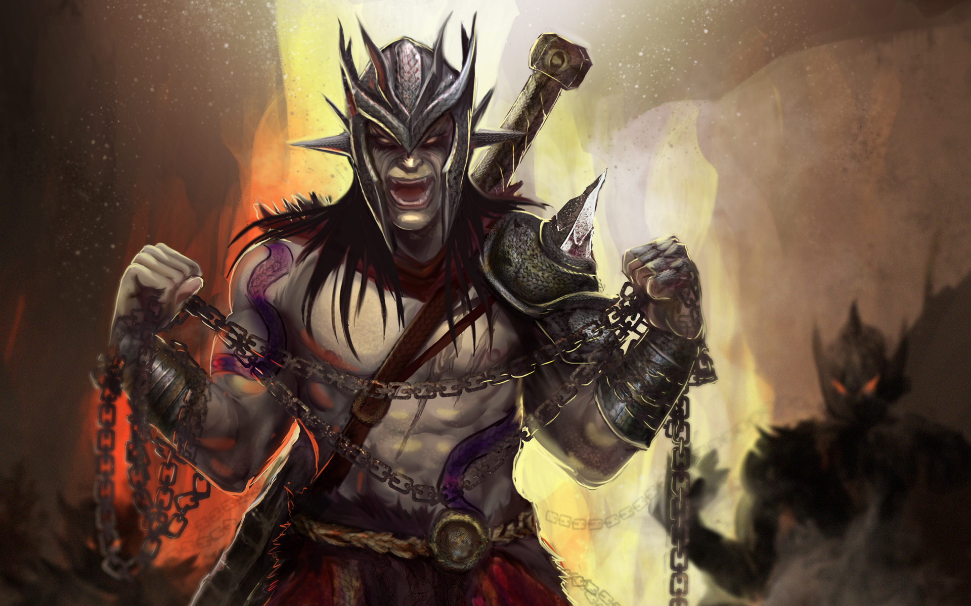 2K Quad HD PC desktop wallpaper: a fierce fantasy warrior in spiked helm and armor, clutching chains and a sword amid fire and a shadowy foe.