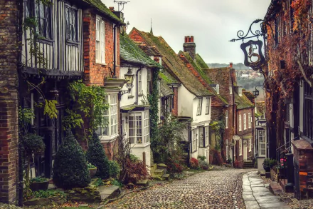 A charming street in Sussex, England, featuring historic houses with moss-covered roofs and cobblestone paths, captured in HD quality as a desktop wallpaper and background.