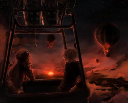 HD original anime desktop wallpaper featuring two characters in a hot air balloon basket, surrounded by glowing hot air balloons against a dark, fiery sky.