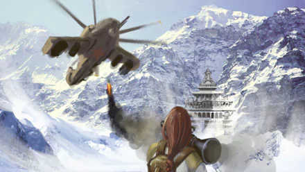 HD PC desktop wallpaper from the video game Tomb Raider: Legend, featuring a snowy mountain scene with a helicopter and a character aiming a rocket launcher.