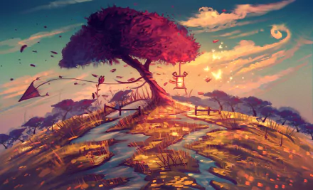 Artistic HD PC desktop wallpaper: vibrant, whimsical tree on a sunlit hill with winding stream, kite and swing beneath a colorful sunset sky.