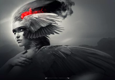 Surreal 4K Ultra HD manipulated photography of a woman with large wings and red accents, creating a dramatic and ethereal PC desktop wallpaper and background.