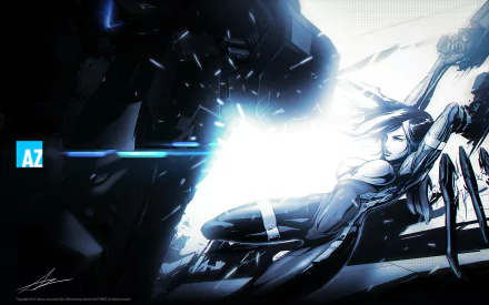 HD PC desktop wallpaper of a sci‑fi woman warrior in body armor, dual-wielding guns in a fierce battle as a blue-white blast lights this dramatic Girls & Guns scene.