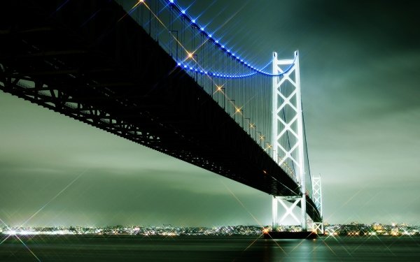 Man Made Akashi Kaikyo Bridge Bridges Bridge City Sea Night Light Kobe Japan Pearl Bridge HD Wallpaper | Background Image