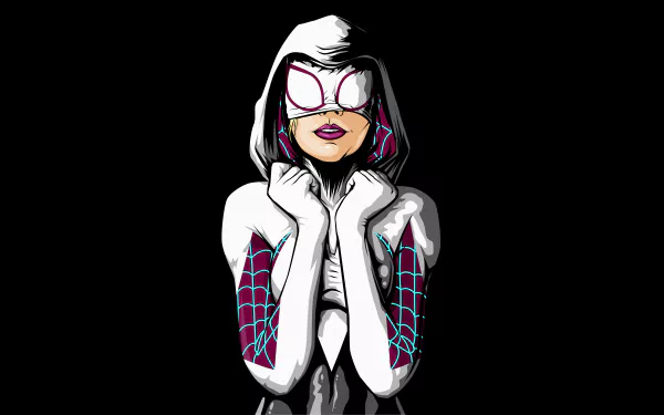 Comic-style Spider-Gwen in her white hooded suit with pink and blue web patterns, rendered as an 8K Ultra HD PC desktop wallpaper and background.
