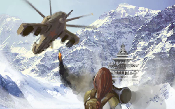 HD PC desktop wallpaper from the video game Tomb Raider: Legend, featuring a snowy mountain scene with a helicopter and a character aiming a rocket launcher.