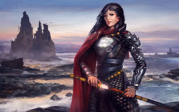 HD wallpaper featuring a female warrior in armor, holding a sword, standing against a coastal landscape with distant ruins.