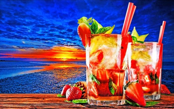 Food Cocktail Colorful Sunset Horizon Tropical Glass HD Wallpaper | Background Image