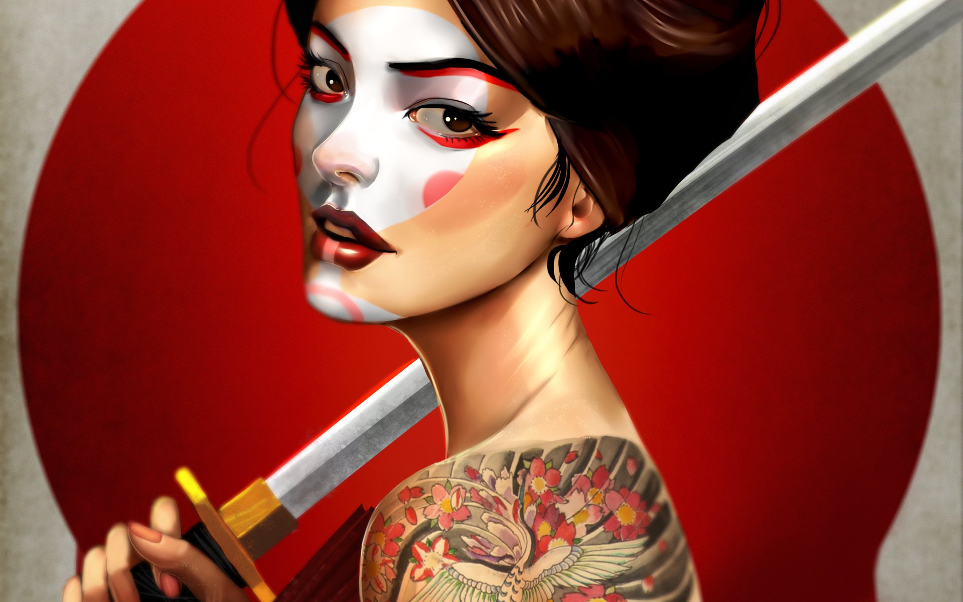 HD fantasy desktop wallpaper of a tattooed woman warrior holding a sword, set against a bold red circular background.