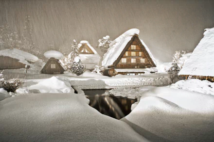 Snow-covered traditional houses in Shirakawa village, Gifu Prefecture, Japan, during a winter snowfall, captured in stunning 4K Ultra HD quality.