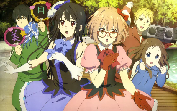 HD desktop wallpaper from Beyond the Boundary anime featuring characters Mitsuki Nase, Hiroomi Nase, Mirai Kuriyama, Ai Shindou, and Akihito Kanbara in colorful outfits.