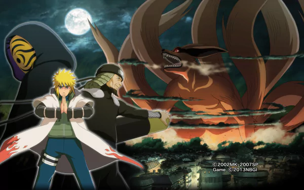 Dynamic HD wallpaper featuring Naruto Uzumaki from the video game Naruto Shippuden: Ultimate Ninja Storm 3, set against a dramatic battle scene with powerful adversaries.