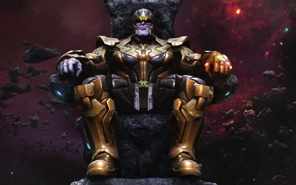 Thanos from The Avengers movie, in full armor, seated on his throne against a cosmic background. HD desktop wallpaper.