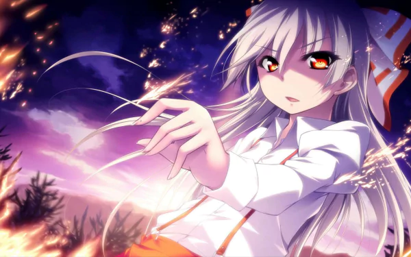 HD PC desktop wallpaper of Fujiwara no Mokou (Mokou Fujiwara) from Touhou — anime-style, white hair and red eyes, outstretched hand amid sparks and a fiery night sky.