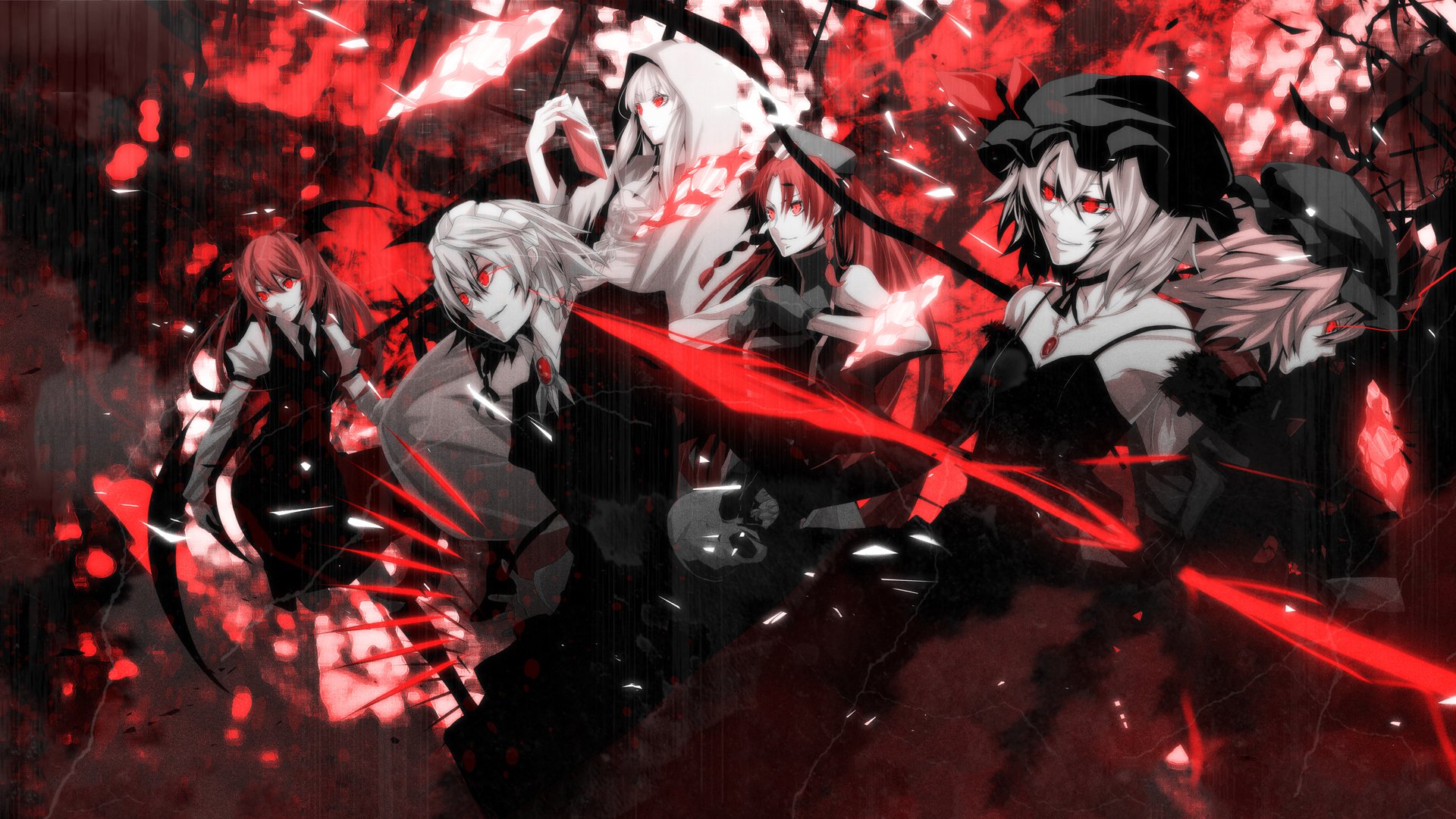HD PC desktop wallpaper featuring anime characters Hong Meiling, Patchouli Knowledge, Sakuya Izayoi, Flandre Scarlet, and Remilia Scarlet from Touhou, with a dark red and black theme.