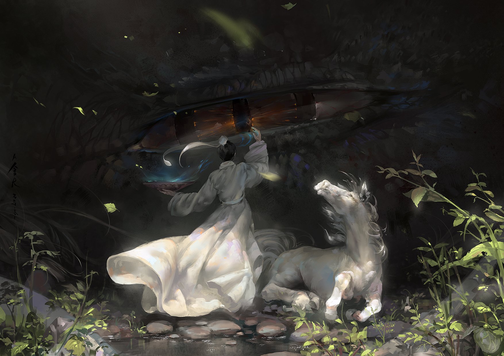 Fantasy HD PC desktop wallpaper/background: a robed figure in a flowing white cloak shields a small white dragon beneath a glowing umbrella in a dark, misty forest with drifting leaves.
