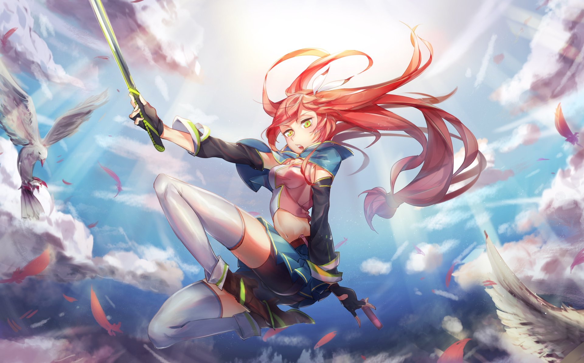 Anime-style warrior with flowing red hair wields a sword midair against a vibrant sky backdrop with birds, in a 4K Ultra HD Pixiv Fantasia T desktop wallpaper.