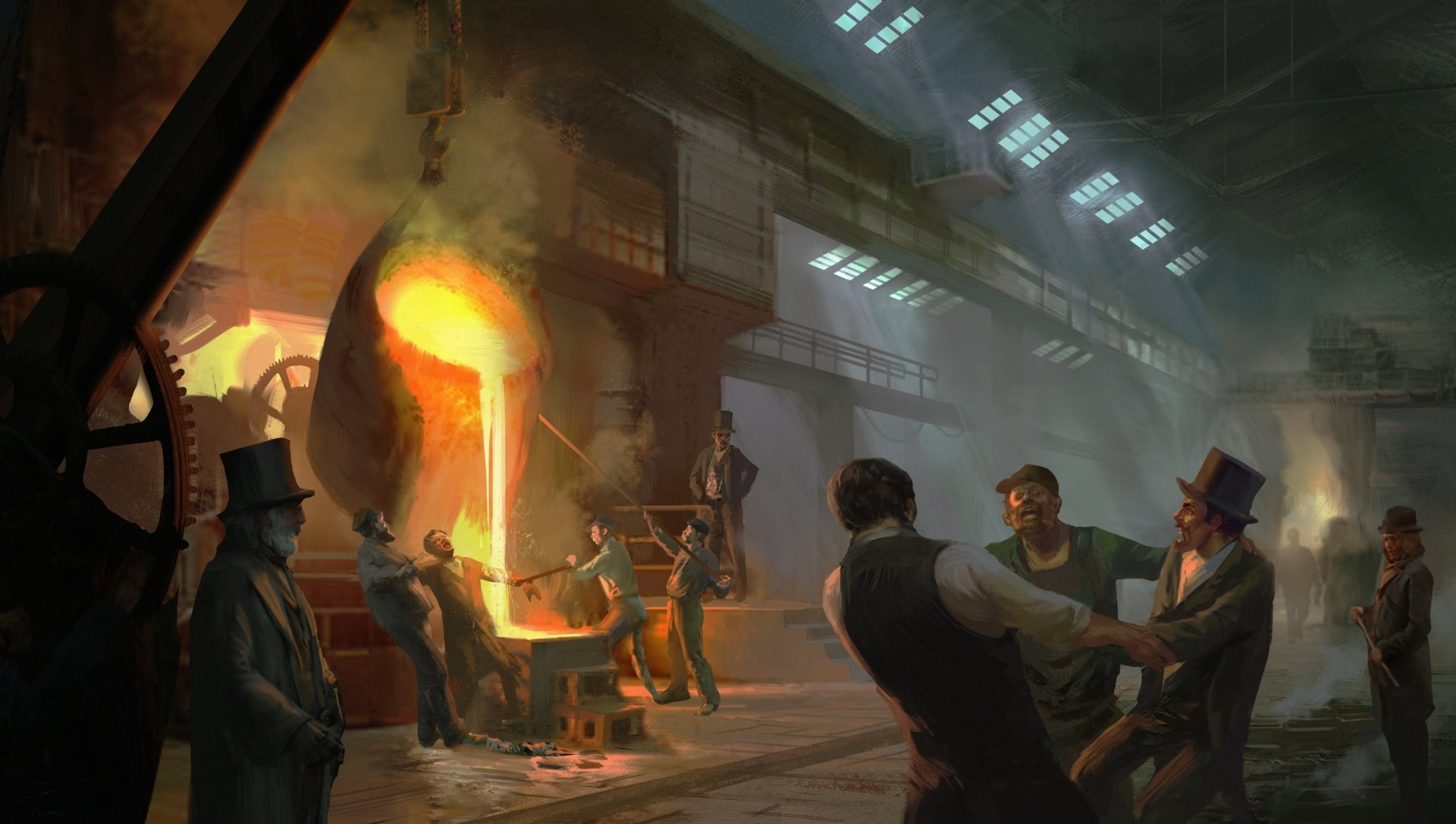 HD PC desktop wallpaper depicting an industrial scene from the video game Assassin's Creed: Syndicate, featuring workers and molten metal in a dimly lit factory.