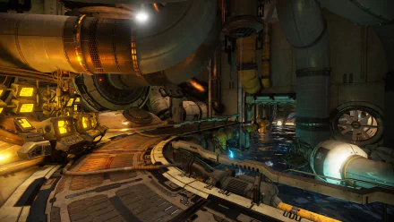 HD PC desktop wallpaper from the Warframe video game: industrial sci-fi interior with glowing consoles, curved pipes, catwalks and reflective water pools under orange and teal lighting.