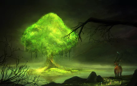 HD desktop wallpaper of a mystical glowing tree in a dark fantasy forest with a silhouette of a deer nearby, creating a serene and magical background.