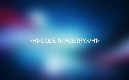 HD PC desktop wallpaper featuring a blurred blue and red background with the text <H1>CODE IS POETRY.</H1> highlighting programming and technology themes.