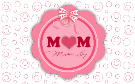 HD desktop wallpaper featuring a pink Mother's Day emblem with a heart replacing the O in MOM, set against a white background with pink circular patterns.