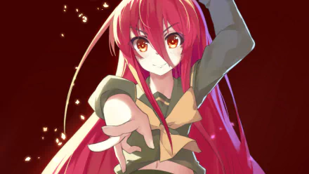 An HD desktop wallpaper featuring Shana from Shakugan No Shana, showcasing her long red hair and striking red eyes, captured in an intense pose against a vivid background.