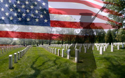 A solemn Memorial Day scene showing a soldier saluting in front of gravestones, with an overlay of the American flag, capturing the spirit of remembrance and honor.