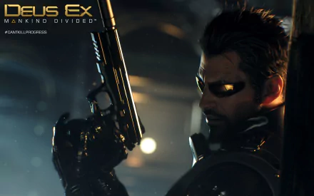 An HD wallpaper featuring Adam Jensen from the video game Deus Ex: Mankind Divided, showcasing his intense expression and futuristic weapon in a dark, atmospheric setting.