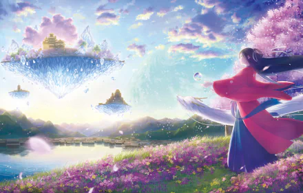 A beautiful anime landscape depicting a long-haired character with black hair standing among flowers, gazing at floating islands, trees, and a vibrant sky filled with clouds. HD desktop wallpaper background.