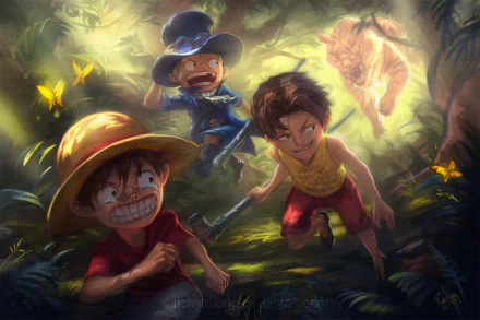Anime-themed HD desktop wallpaper featuring young Luffy, Ace, and Sabo from One Piece, depicted running through a lush forest, with a tiger and butterflies in the background.