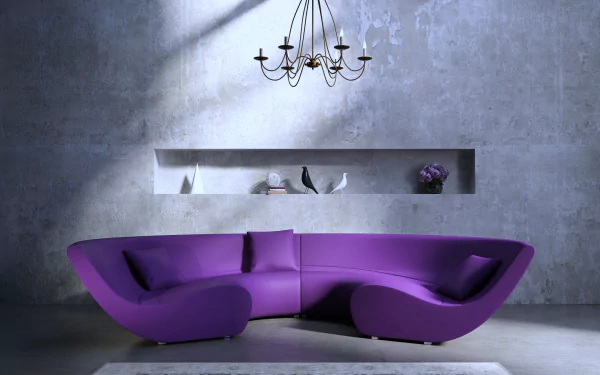 4K Ultra HD PC desktop wallpaper of a stylish house interior: a man-made purple sculptural sofa and furniture in a minimalist room with concrete wall, recessed shelf and chandelier.