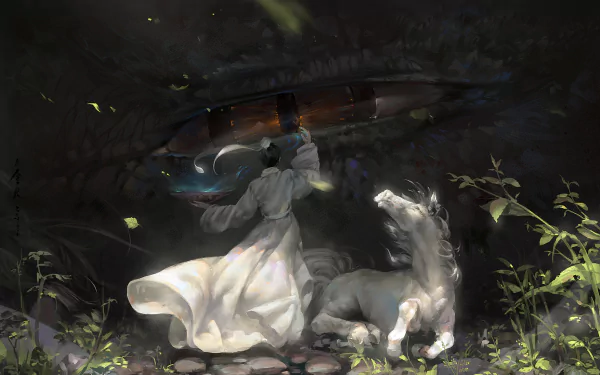 Fantasy HD PC desktop wallpaper/background: a robed figure in a flowing white cloak shields a small white dragon beneath a glowing umbrella in a dark, misty forest with drifting leaves.