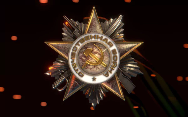 HD PC desktop wallpaper and background: Victory Day (9 May) holiday image of a glowing Soviet Order of the Patriotic War medal with hammer and sickle on a dark backdrop.