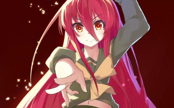 An HD desktop wallpaper featuring Shana from Shakugan No Shana, showcasing her long red hair and striking red eyes, captured in an intense pose against a vivid background.