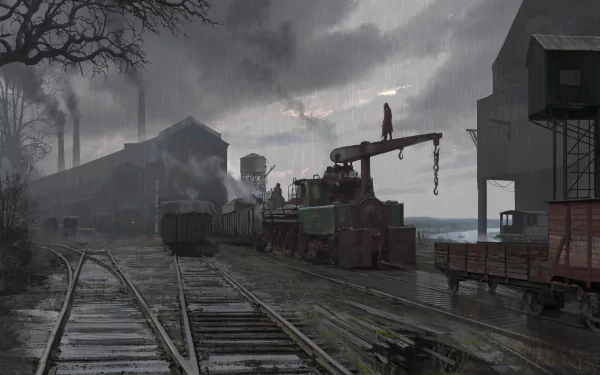 HD PC desktop wallpaper featuring a moody, industrial train yard scene from the video game Assassin's Creed: Syndicate.