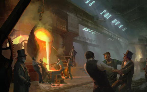 HD PC desktop wallpaper depicting an industrial scene from the video game Assassin's Creed: Syndicate, featuring workers and molten metal in a dimly lit factory.