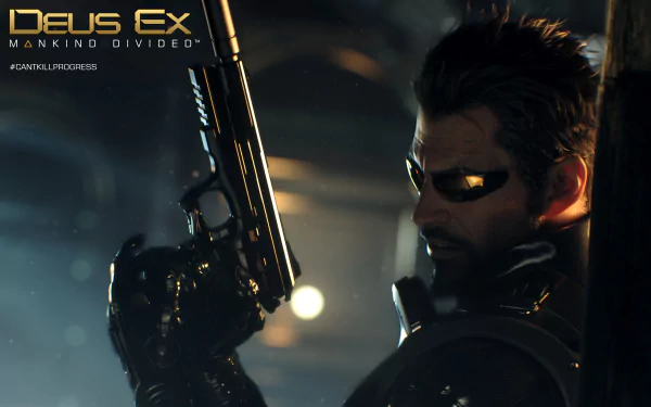 An HD wallpaper featuring Adam Jensen from the video game Deus Ex: Mankind Divided, showcasing his intense expression and futuristic weapon in a dark, atmospheric setting.