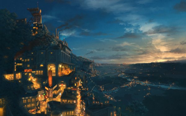 Anime Original Sky Cloud City Light Tree Landscape HD Wallpaper | Background Image