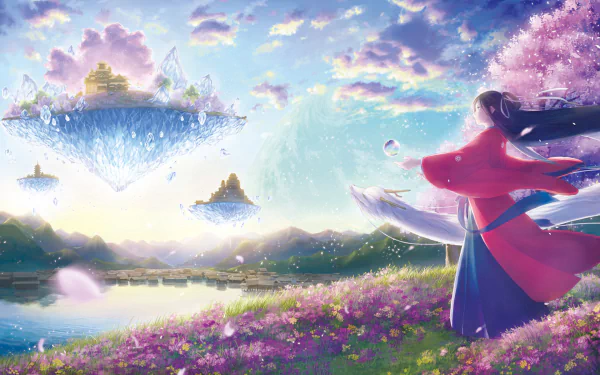 A beautiful anime landscape depicting a long-haired character with black hair standing among flowers, gazing at floating islands, trees, and a vibrant sky filled with clouds. HD desktop wallpaper background.