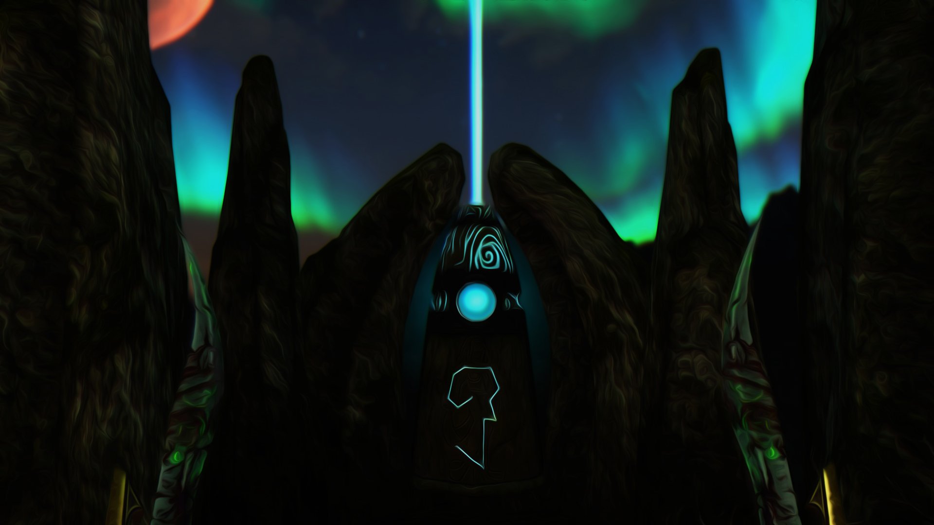 Photoshop HD PC desktop wallpaper and background: The Elder Scrolls V: Skyrim–inspired scene of a glowing Nordic standing stone sending a blue beam into an aurora-lit night, video game art.