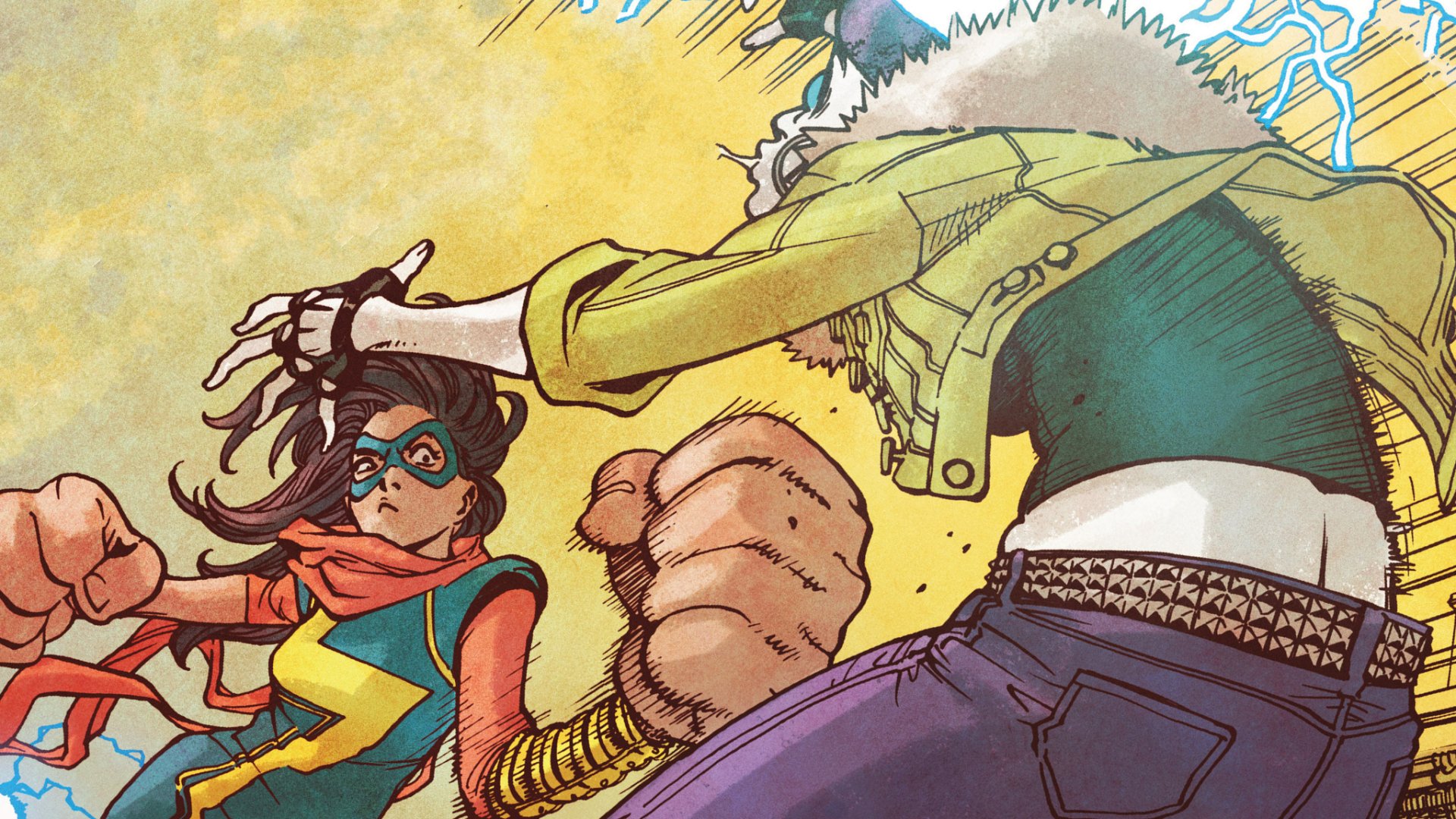 HD PC desktop wallpaper featuring comic-style art of Ms. Marvel in action, showcasing dynamic poses and vibrant colors.