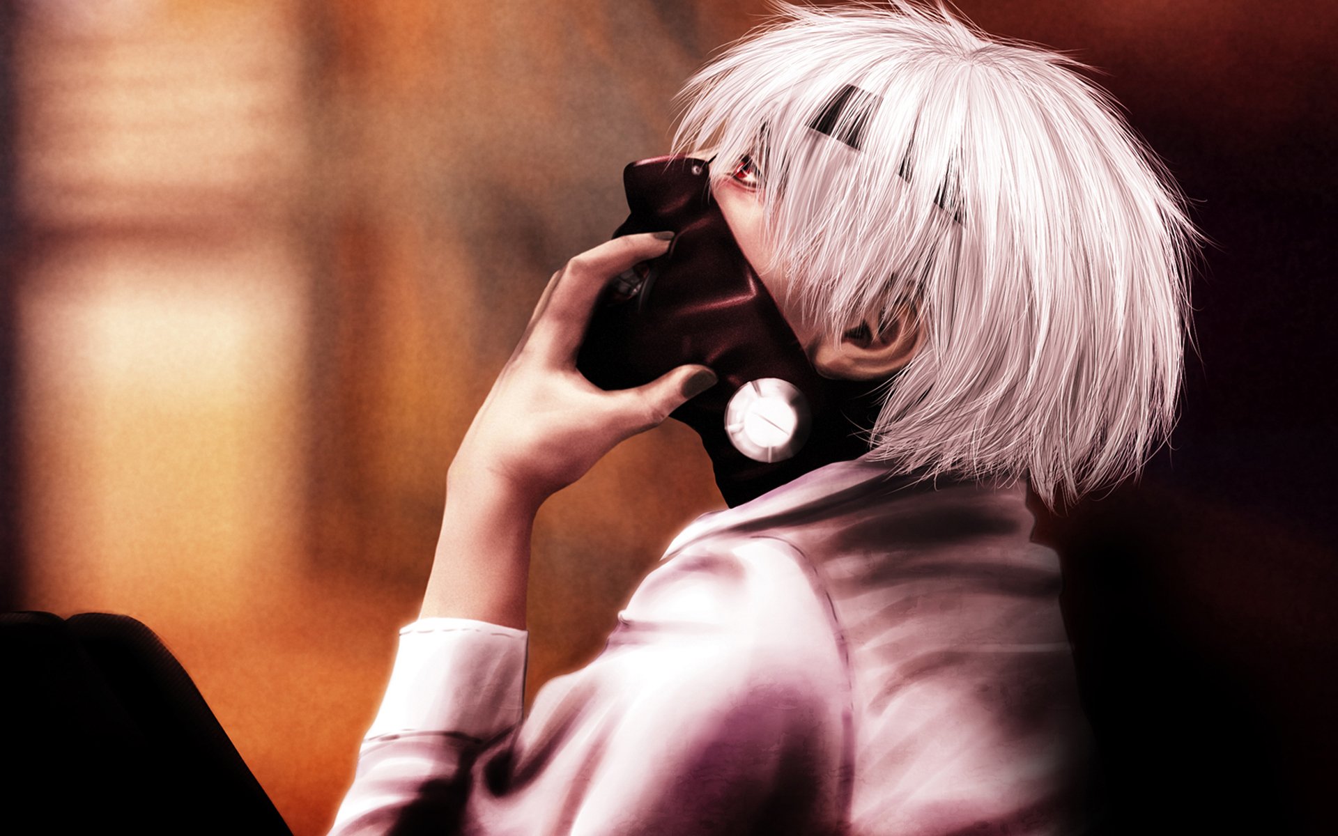HD desktop wallpaper featuring Ken Kaneki from Tokyo Ghoul, depicted with white hair and a mask, capturing a contemplative and intense moment.