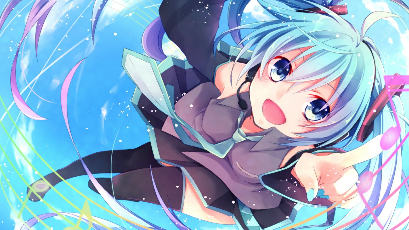 Anime character Hatsune Miku with blue hair and eyes, joyfully singing into a microphone. She's dressed in a skirt and thigh highs, surrounded by flowing ribbons against a vibrant blue background.