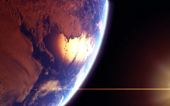 Sci-Fi planetscape HD PC desktop wallpaper and background: close planetary horizon with glowing seas and a sunrise lens flare.